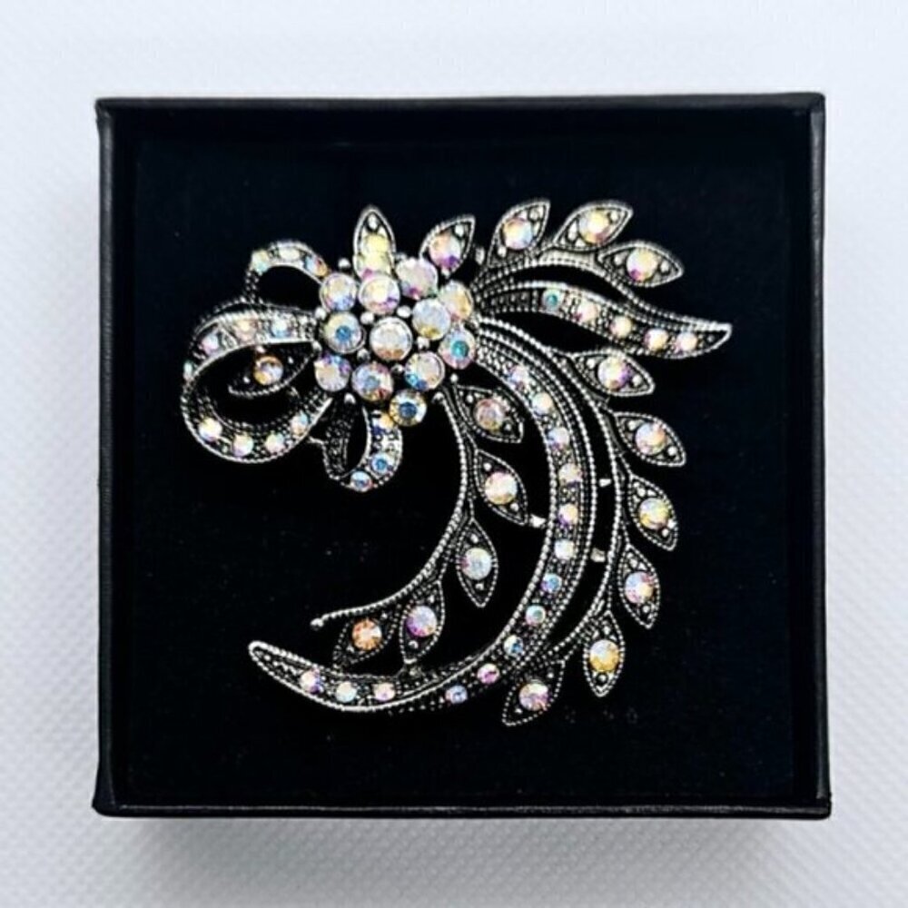 Aurora Borealis Rhinestone Floral Brooch Pendant Silver Tone Statement Jewelry